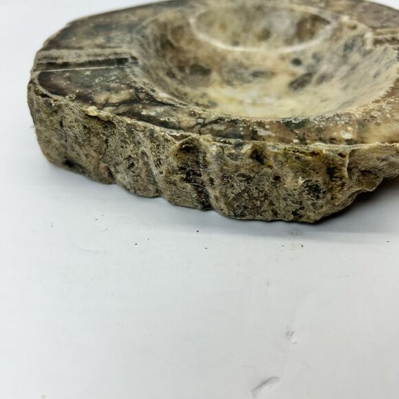 Vintage Alabaster Hand Carved Ashtray Ruff Edge Italy Green Brown Tan Rustic - Picture 2 of 12